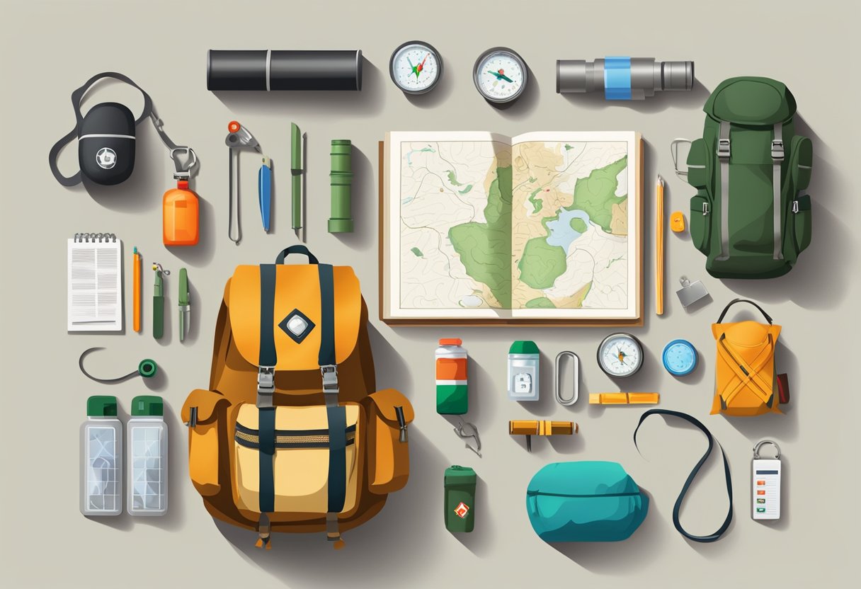 A camping scene with a backpack, compass, map, flashlight, first aid kit, and whistle laid out on a flat surface