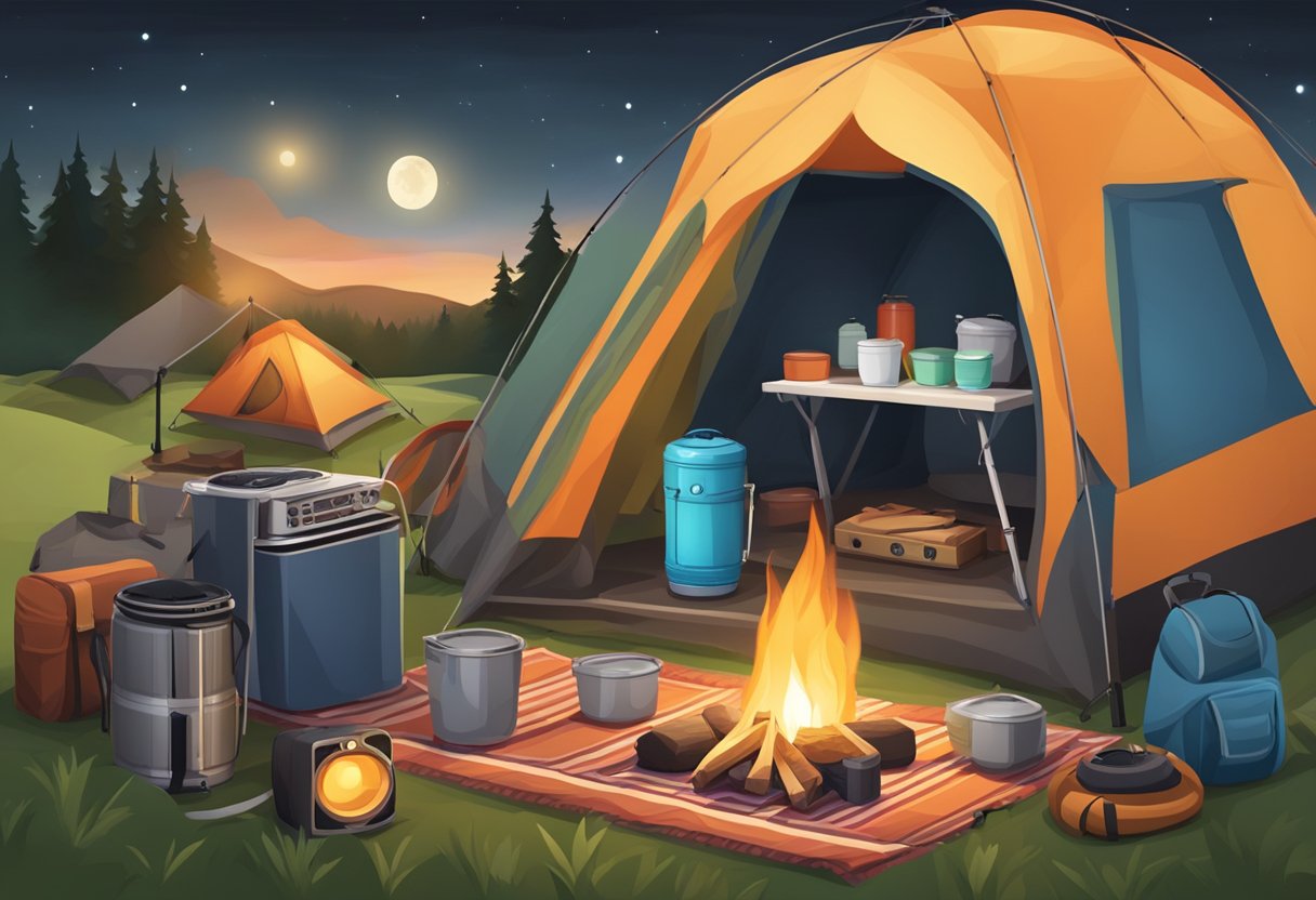 A cozy campsite with a tent, sleeping bags, lanterns, cooking utensils, a portable stove, a cooler, a portable speaker, and a deck of cards