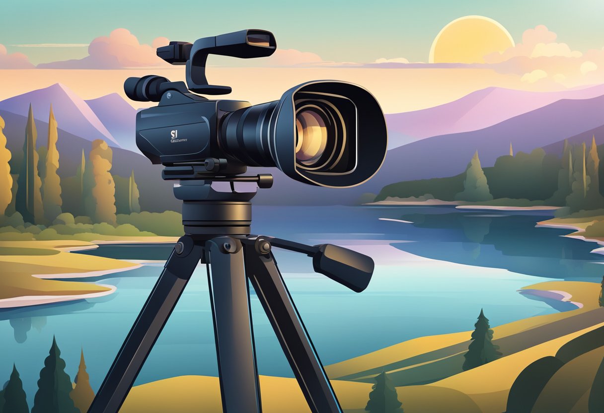 A sleek, modern video camera on a tripod, with soft lighting and a scenic backdrop