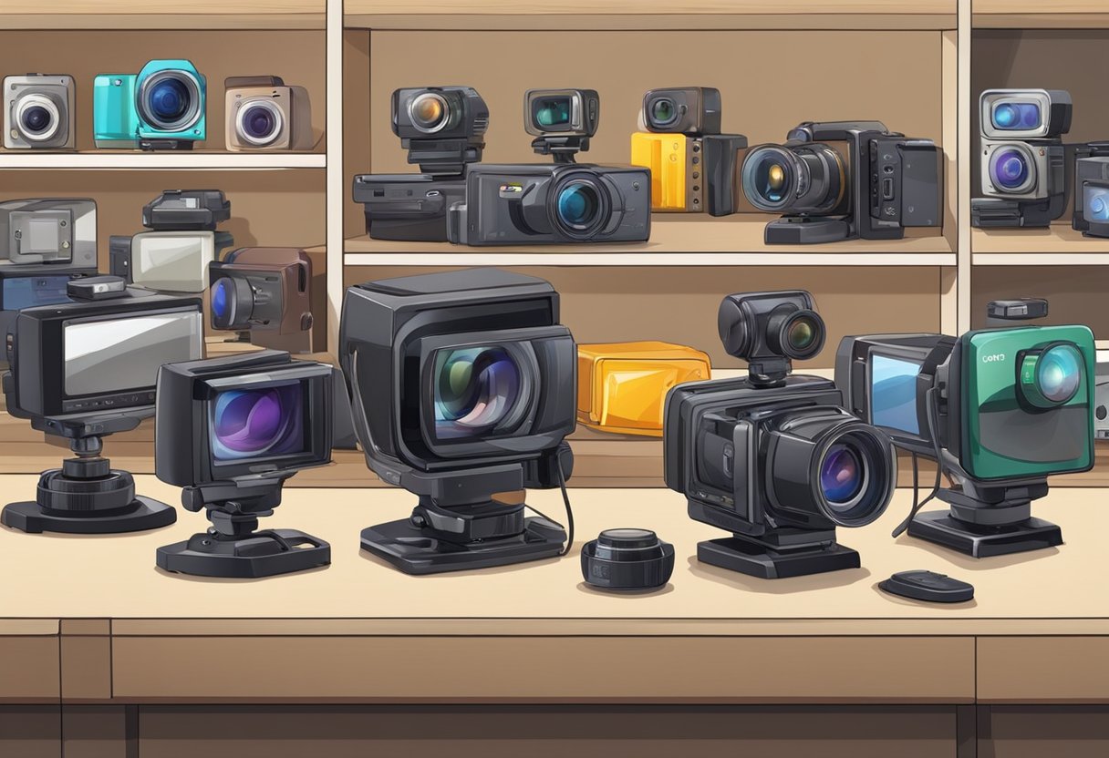 A table with a variety of entry-level video cameras and accessories displayed in a well-lit store