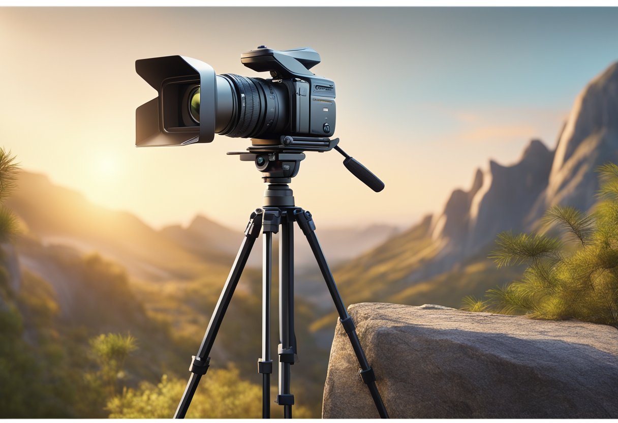 A mid-range video camera on a sturdy tripod, with natural lighting and a scenic backdrop