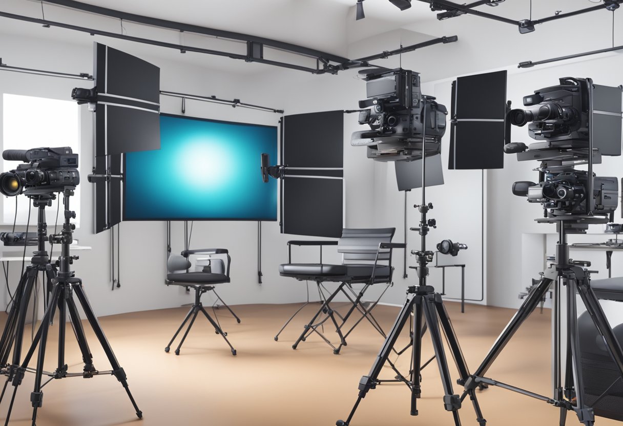 A sleek, modern studio setup with multiple high-end video cameras on tripods, professional lighting, and a control panel