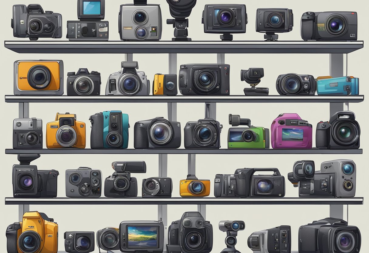 A variety of video cameras arranged on shelves by price range