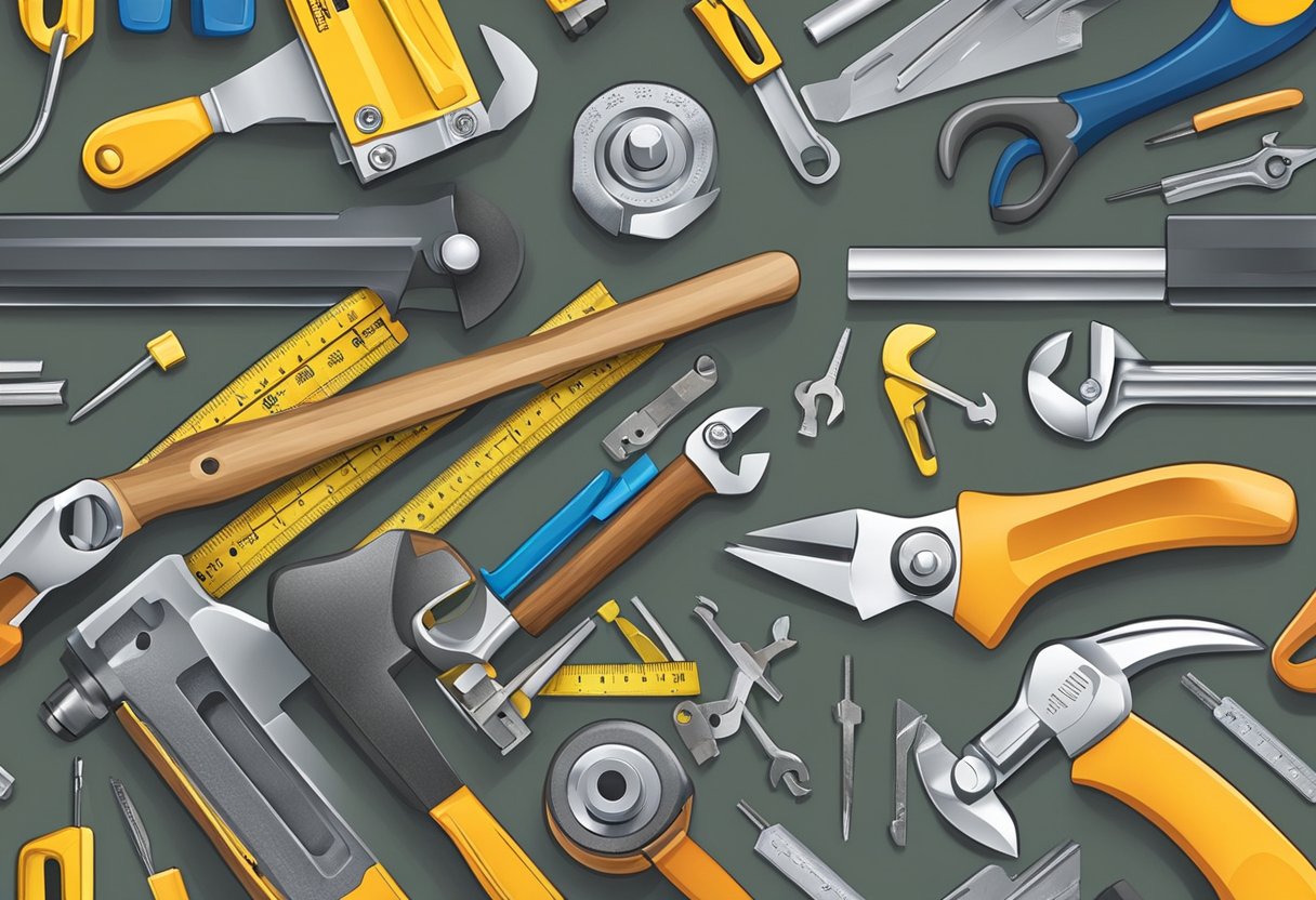 A cluttered workbench with a hammer, screwdriver, wrench, pliers, and measuring tape. A toolbox sits open, filled with various tools