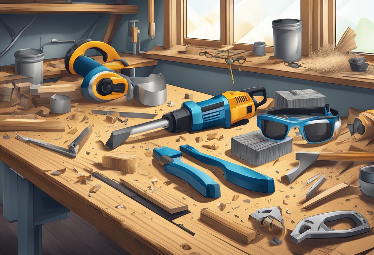 A cluttered workbench with power tools, measuring tape, and safety goggles. Sawdust and wood shavings scattered on the surface