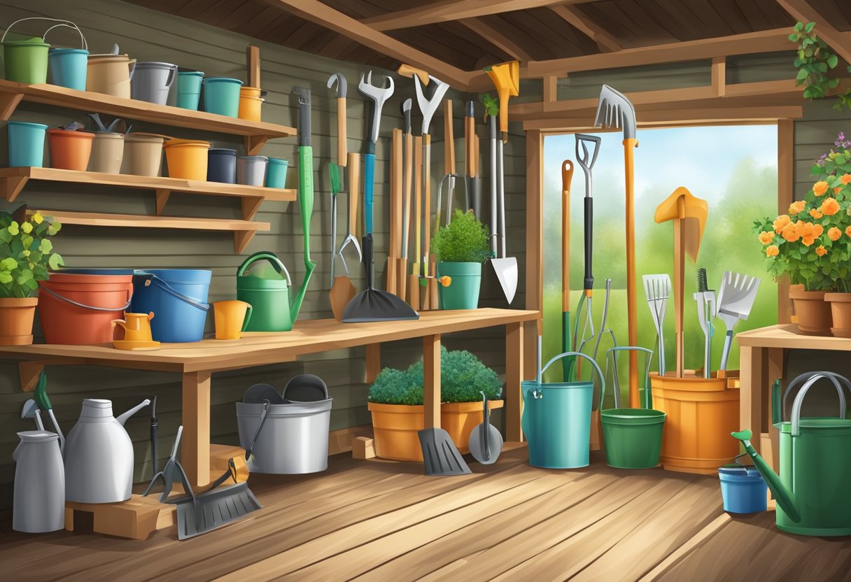 A garden shed with a variety of gardening tools neatly organized on hooks and shelves, including a shovel, rake, trowel, watering can, and pruning shears