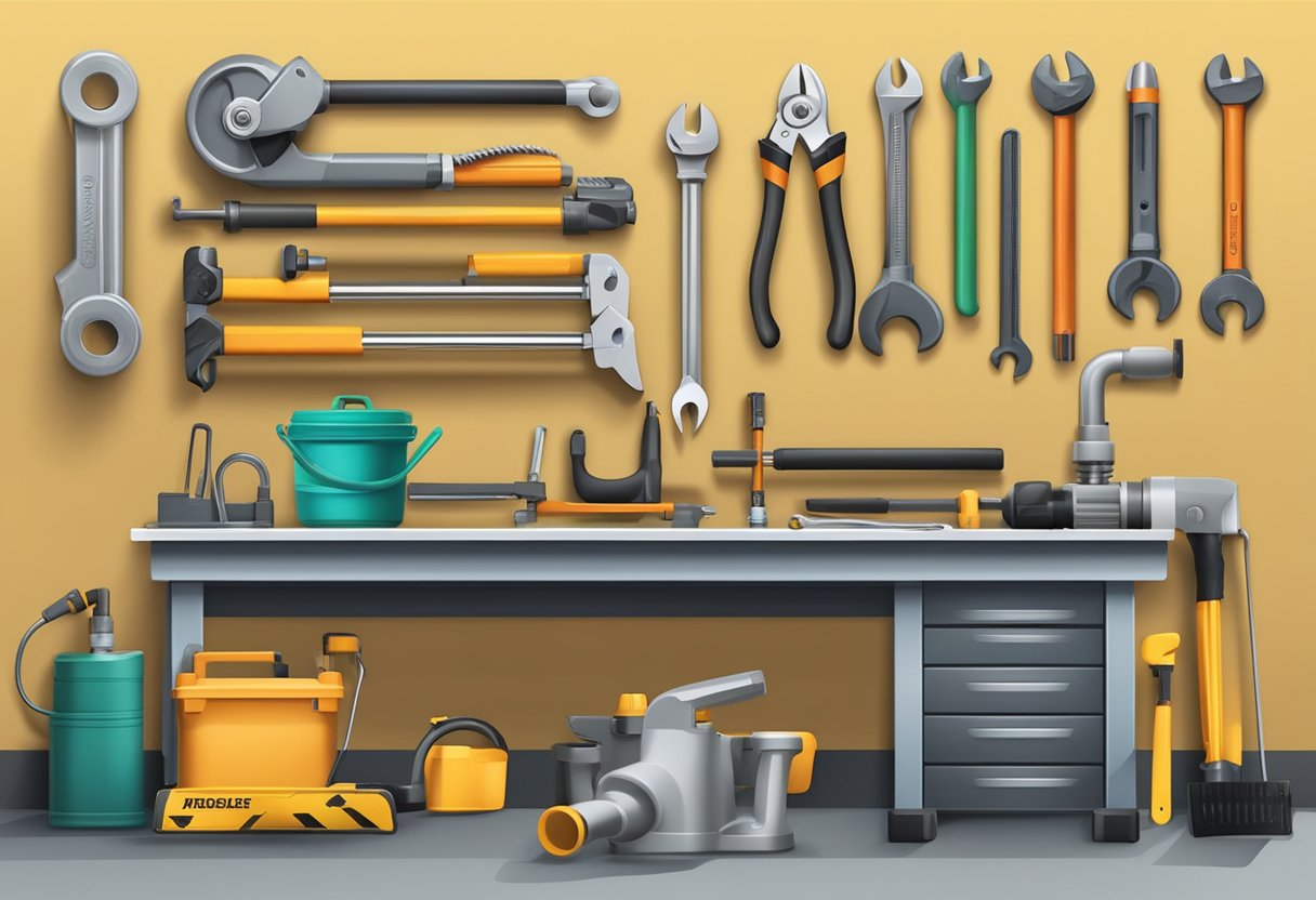 A workbench with a pipe wrench, plunger, pipe cutter, and adjustable wrench. A toolbox sits nearby with various other plumbing tools and supplies