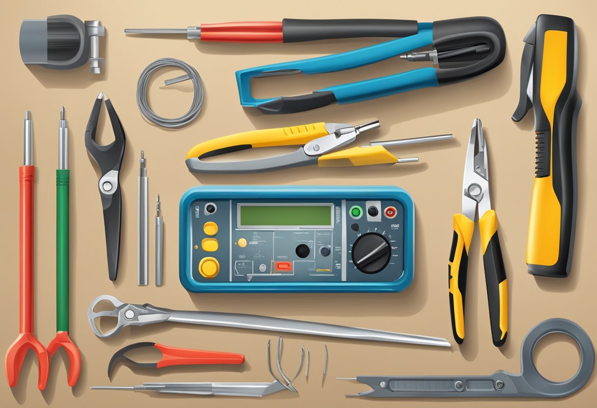 A workbench with a variety of electrical tools such as pliers, wire strippers, screwdrivers, voltage tester, and electrical tape