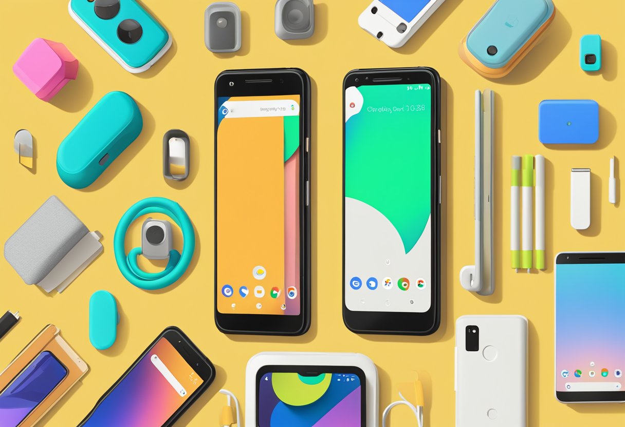 A Google Pixel 9 mobile phone surrounded by various tech accessories and a bright, modern backdrop