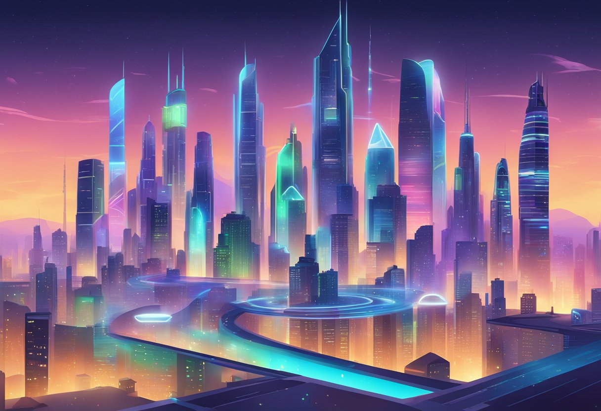 A futuristic cityscape with holographic displays showcasing the top Android phone brands of 2024