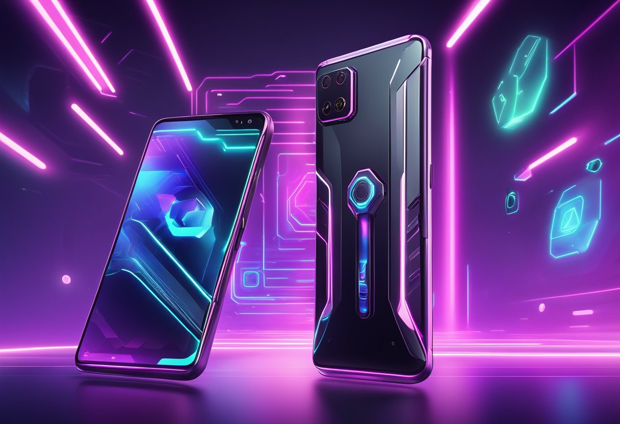 A sleek, futuristic android phone with advanced gaming features, surrounded by glowing neon lights and holographic displays