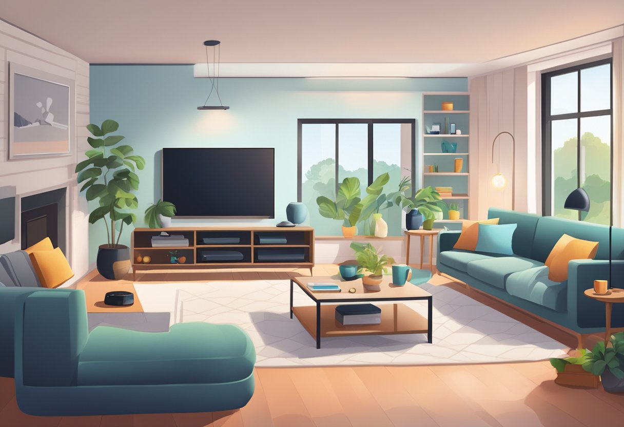 A modern living room with smart speakers, a smart thermostat, and smart lighting