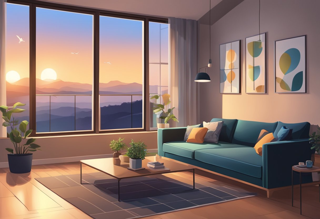 A modern living room with smart lighting adjusting to the time of day, showcasing energy efficiency and convenience