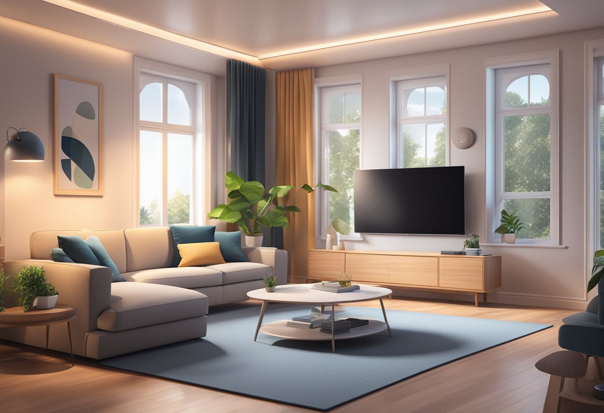 A modern living room with a sleek smart thermostat on the wall, surrounded by comfortable furniture and soft lighting