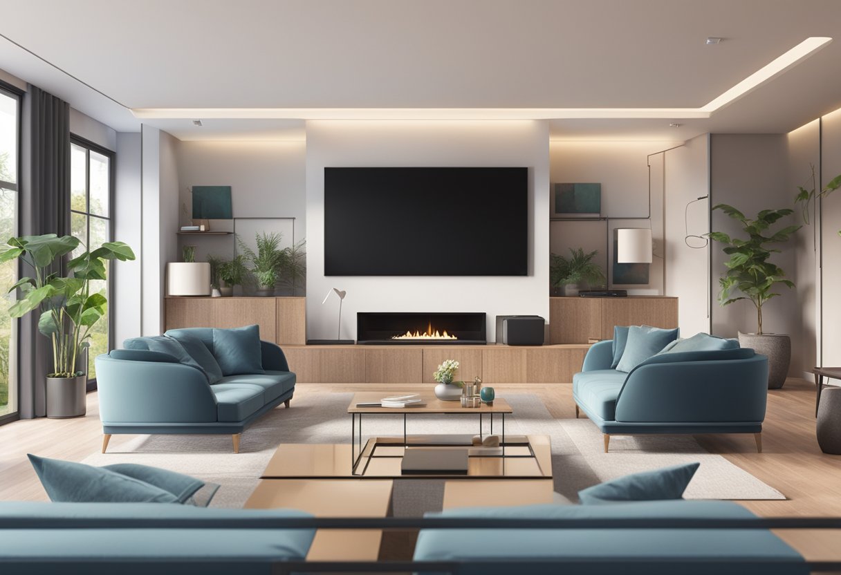 A modern living room with sleek, integrated smart entertainment systems, including a large flat-screen TV, surround sound speakers, and voice-activated controls