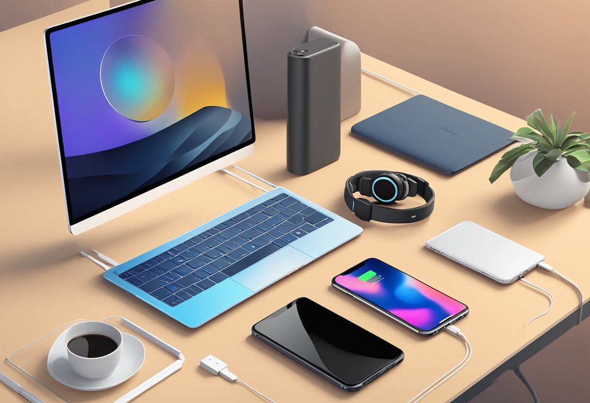 A sleek laptop, smartphone, and smartwatch on a minimalist desk with a wireless charger and a pair of high-quality headphones