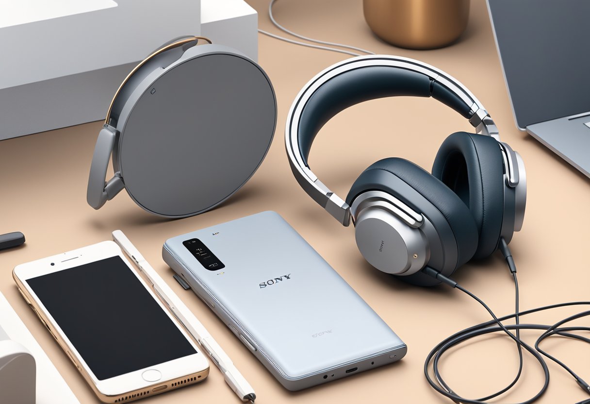 A sleek pair of Sony WH-1000XM5 headphones placed on a modern desk next to a smartphone and a laptop