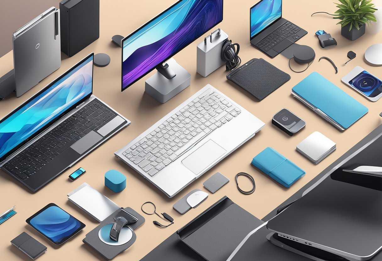 A sleek Dell XPS 15 Laptop surrounded by high-tech gadgets and accessories on a modern desk