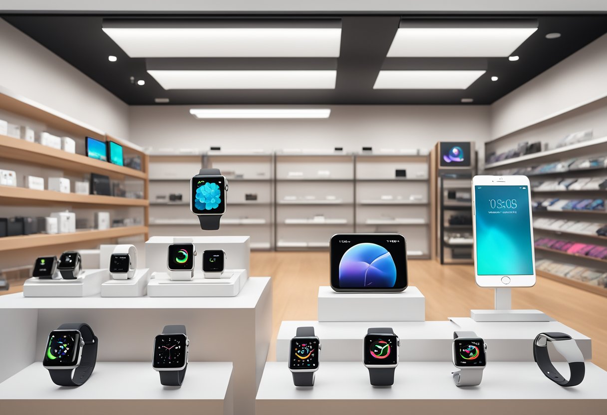 An Apple Watch Series 9 displayed on a sleek, modern tech store shelf, surrounded by other cutting-edge gadgets and devices