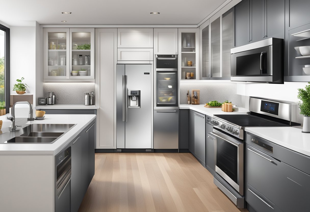 A sleek, modern kitchen with state-of-the-art appliances including a smart refrigerator, touch-screen oven, and voice-activated coffee maker