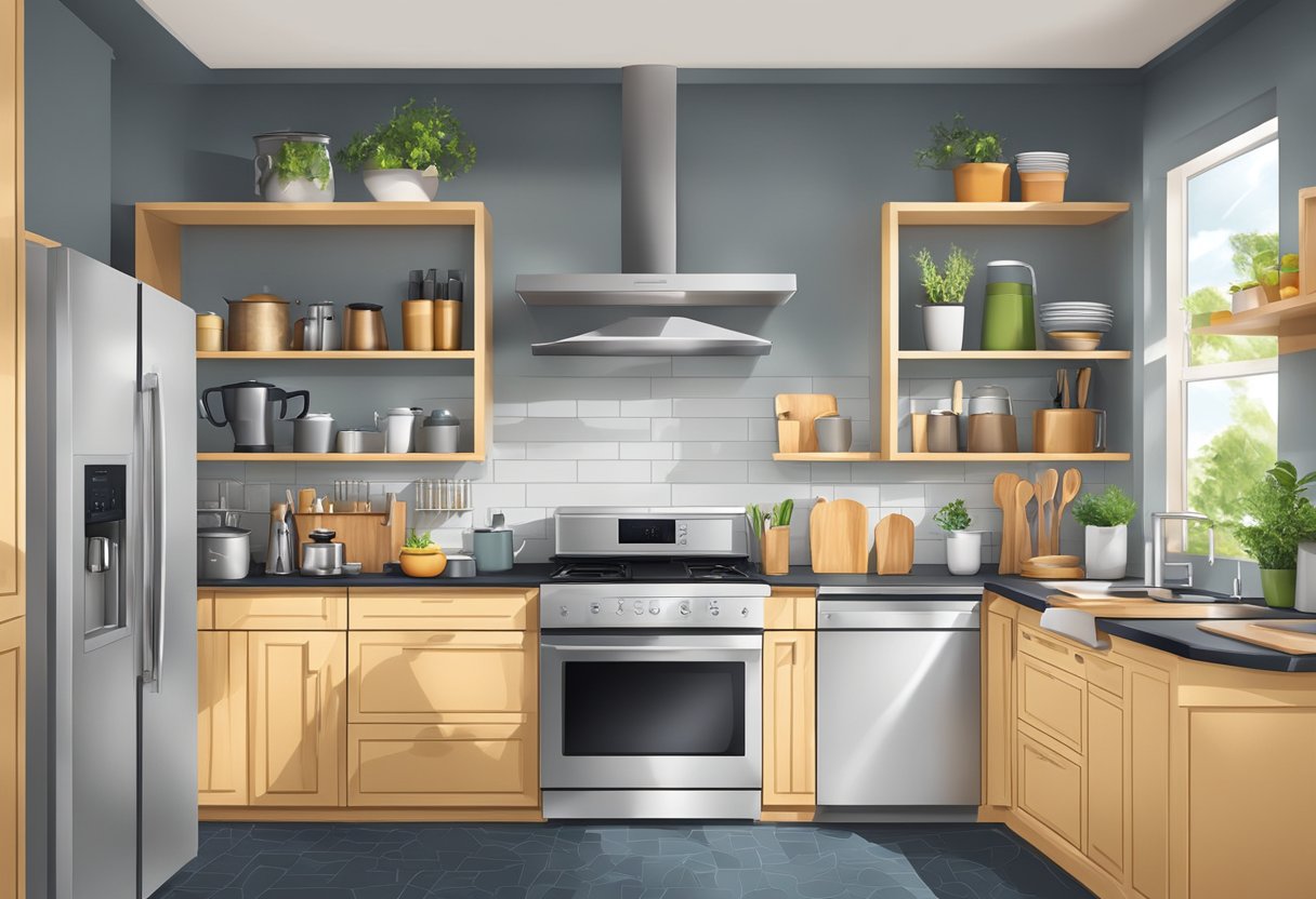 A modern kitchen with various appliances neatly arranged on countertops and shelves