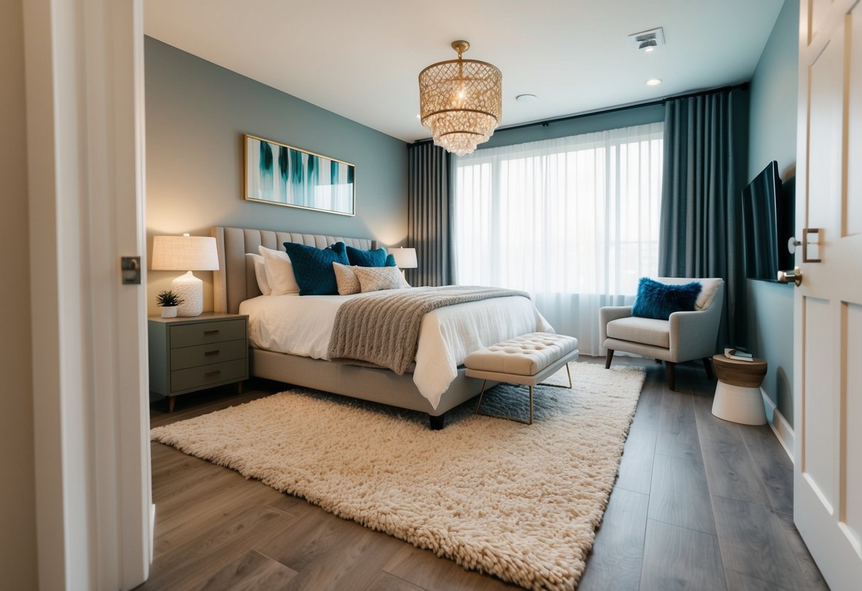 A cozy bedroom with a plush area rug, stylish decor, and durable flooring
