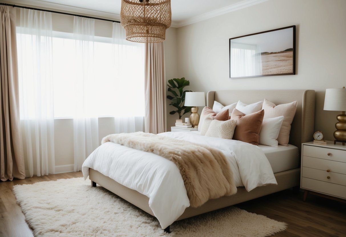 A cozy bedroom with a plush area rug, soft textures, and stylish decor