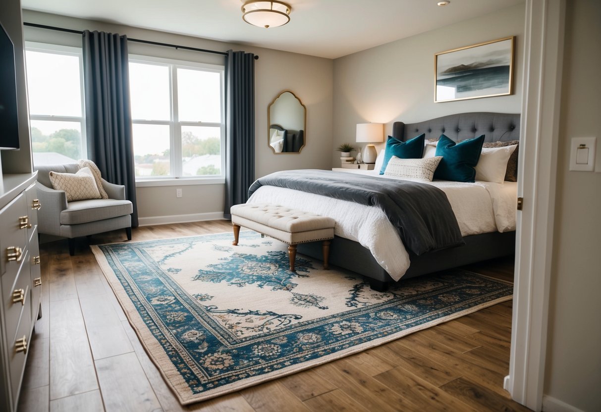 A cozy bedroom with a stylish area rug, matching the decor, adding comfort and durability to the space
