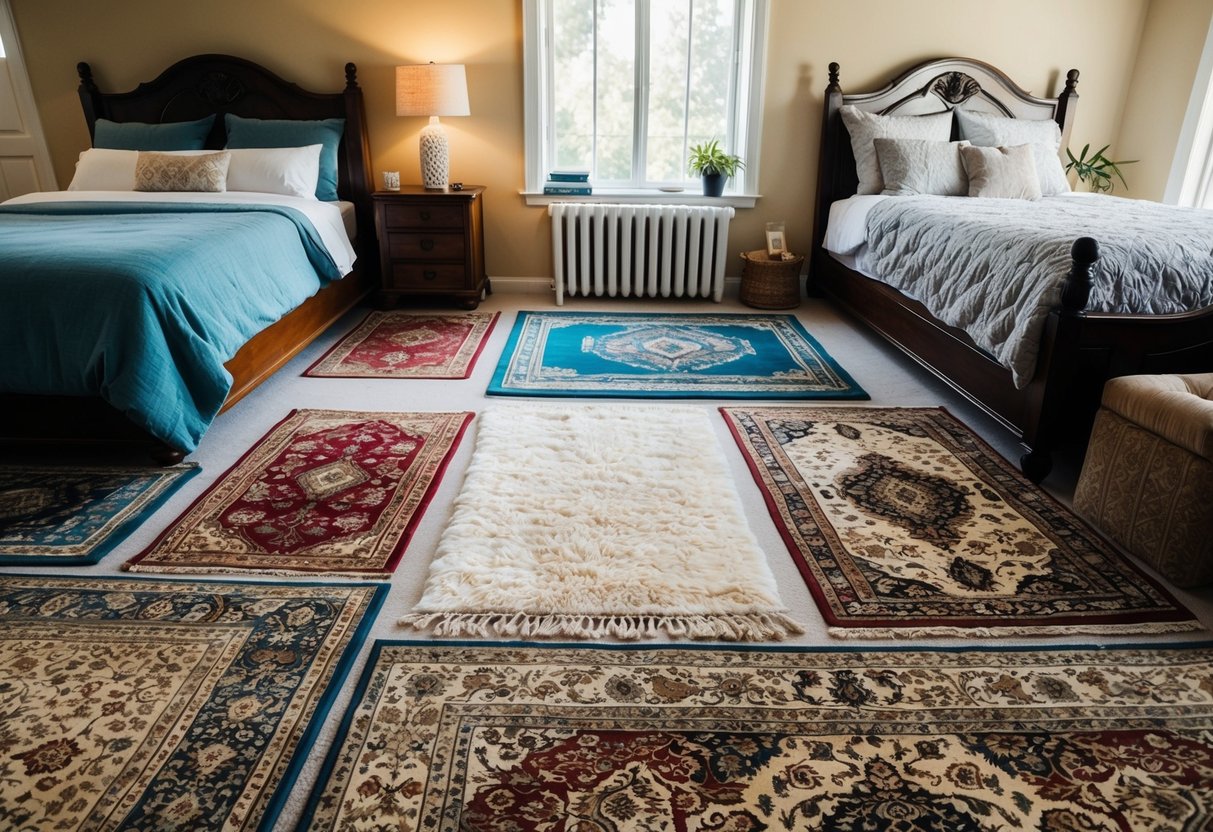 A cozy bedroom with a variety of stylish area rugs laid out, some with plush textures and others with intricate patterns, all in need of maintenance and cleaning