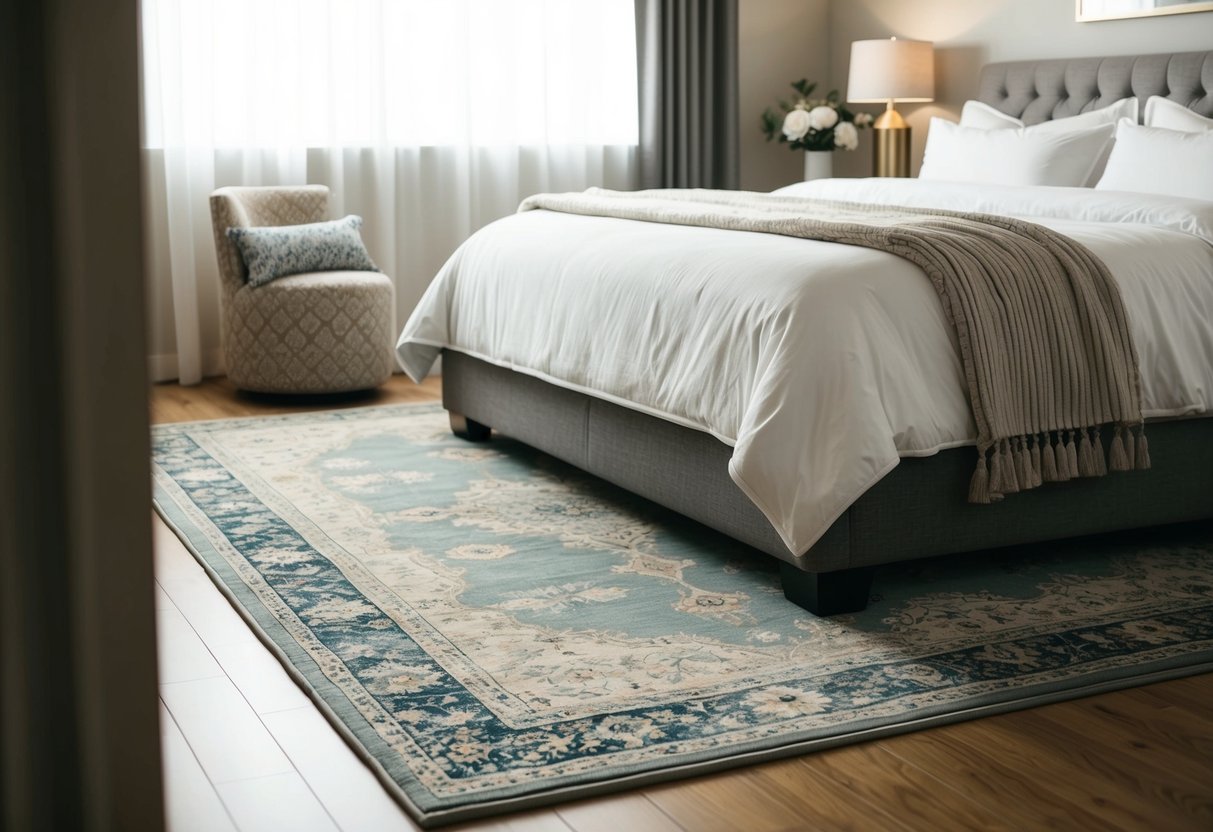 A cozy bedroom with a stylish area rug, featuring a soft and durable design for enhanced comfort and convenience