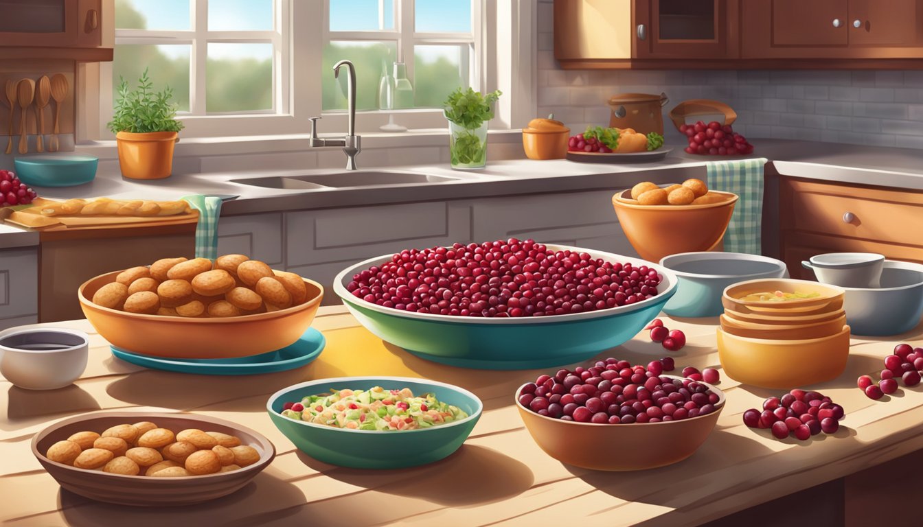 A vibrant kitchen scene with fresh cranberries being incorporated into various dishes, such as salads, sauces, and baked goods