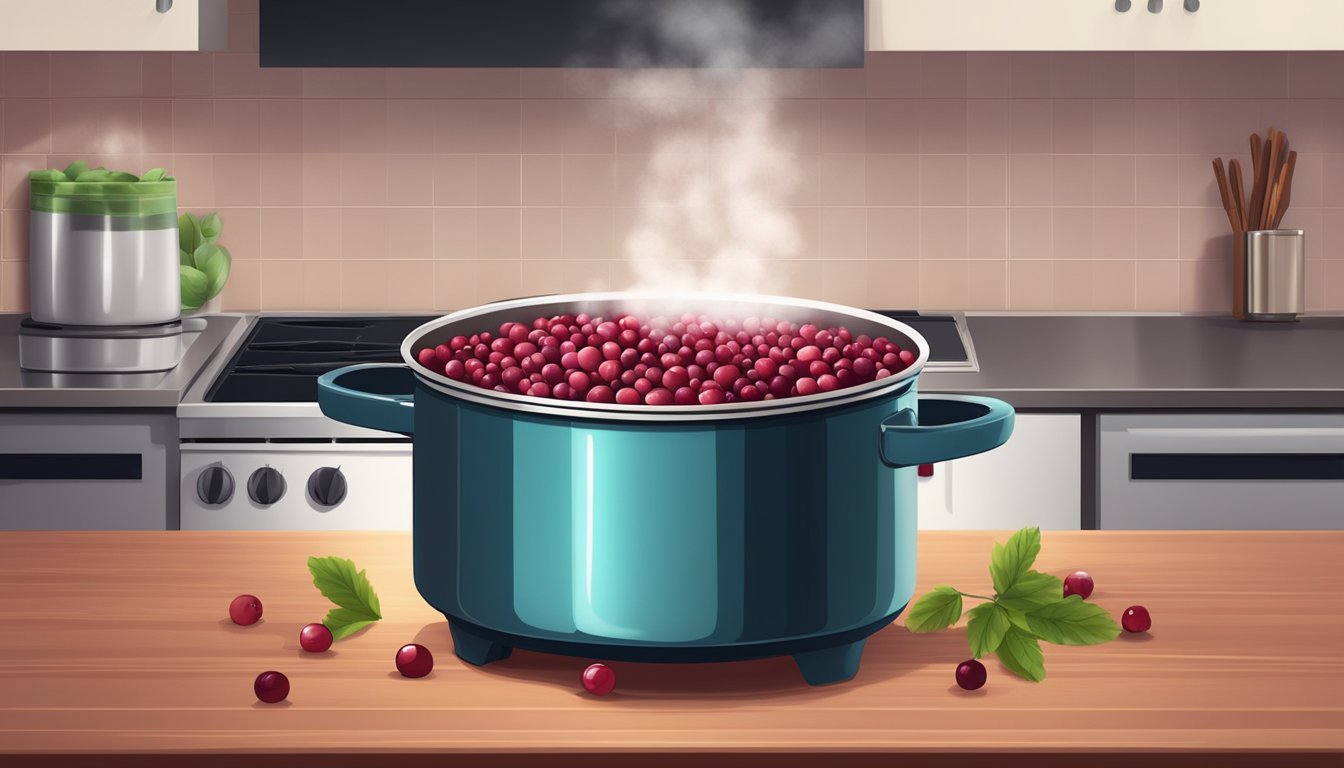 A bubbling pot of cranberries simmering with sugar and spices on a stovetop, steam rising and filling the kitchen with sweet and tangy aroma