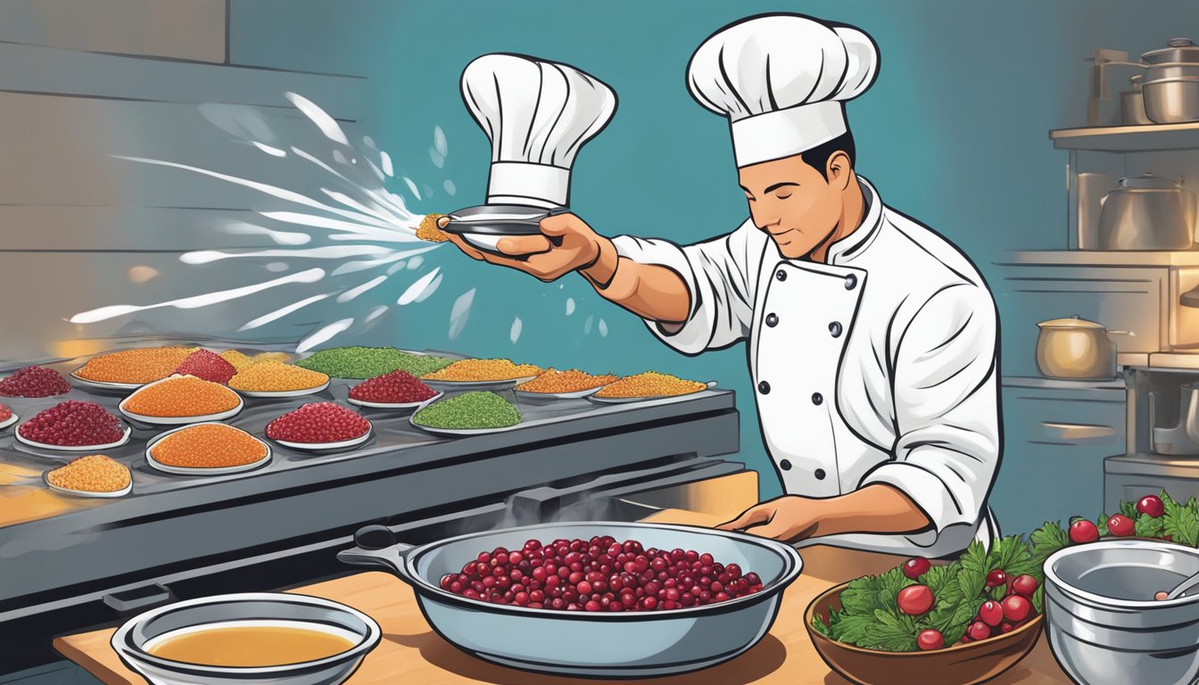 A chef adding ocean spray cranberries to a sizzling pan of savory dishes