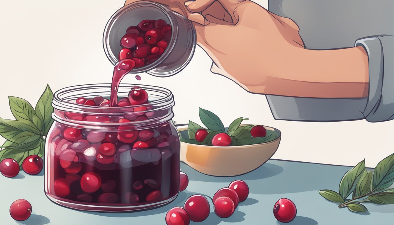 A hand pouring homemade cranberry sauce into a glass jar, with a bowl of fresh ocean spray cranberries nearby