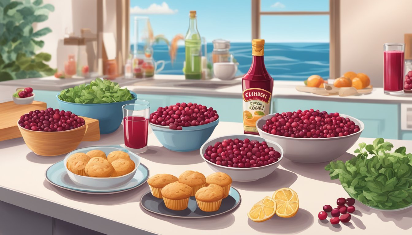 A kitchen counter with various cranberry dishes, including a salad, muffins, and a cocktail, surrounded by fresh cranberries and a bottle of Ocean Spray cranberry juice