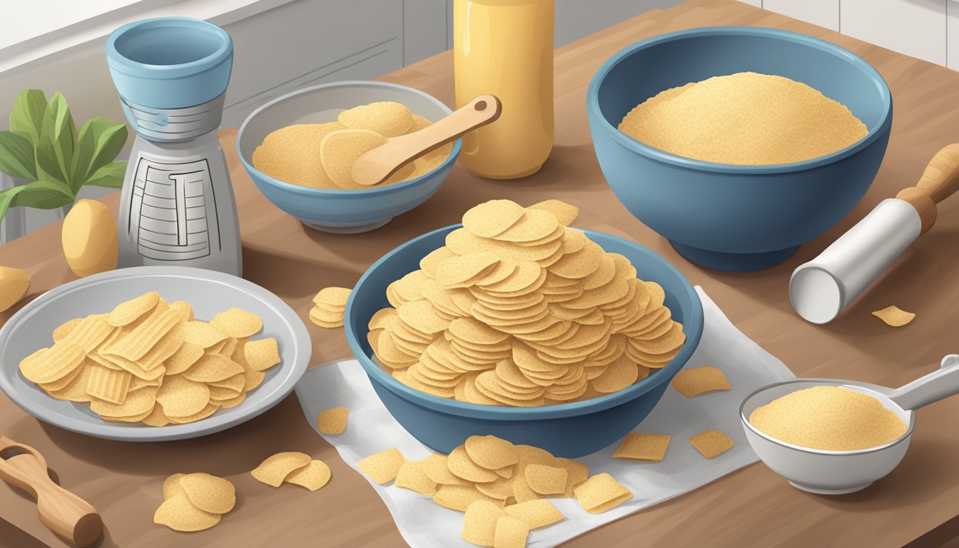 A pile of crushed Nilla wafers surrounded by a mixing bowl, measuring cups, and a rolling pin on a kitchen counter