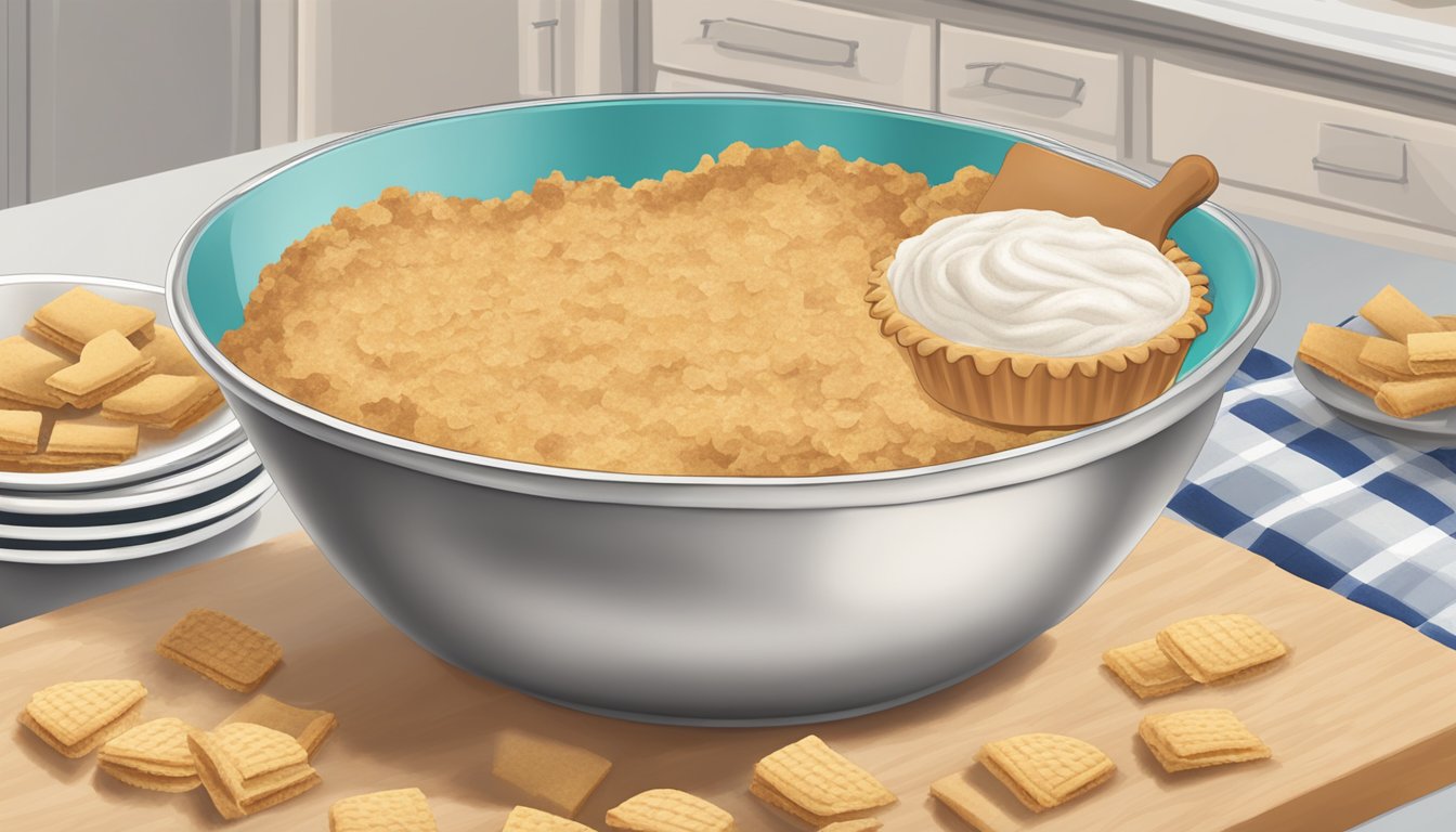 A mixing bowl filled with crushed Nilla wafers, a rolling pin, and a pie dish lined with the sweet crust