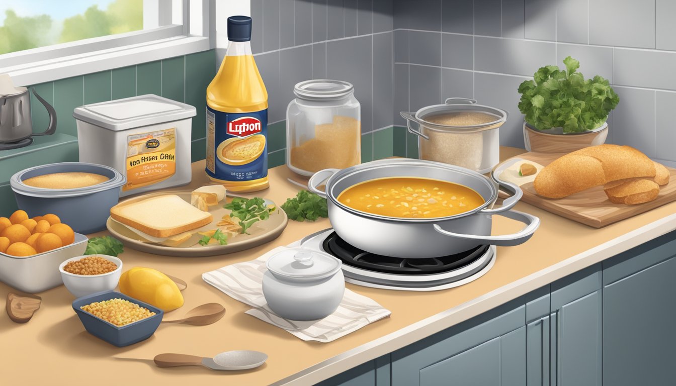 A kitchen counter with various ingredients and a packet of Lipton onion soup mix, a pot on the stove, and a dish of leftovers being transformed into a new meal