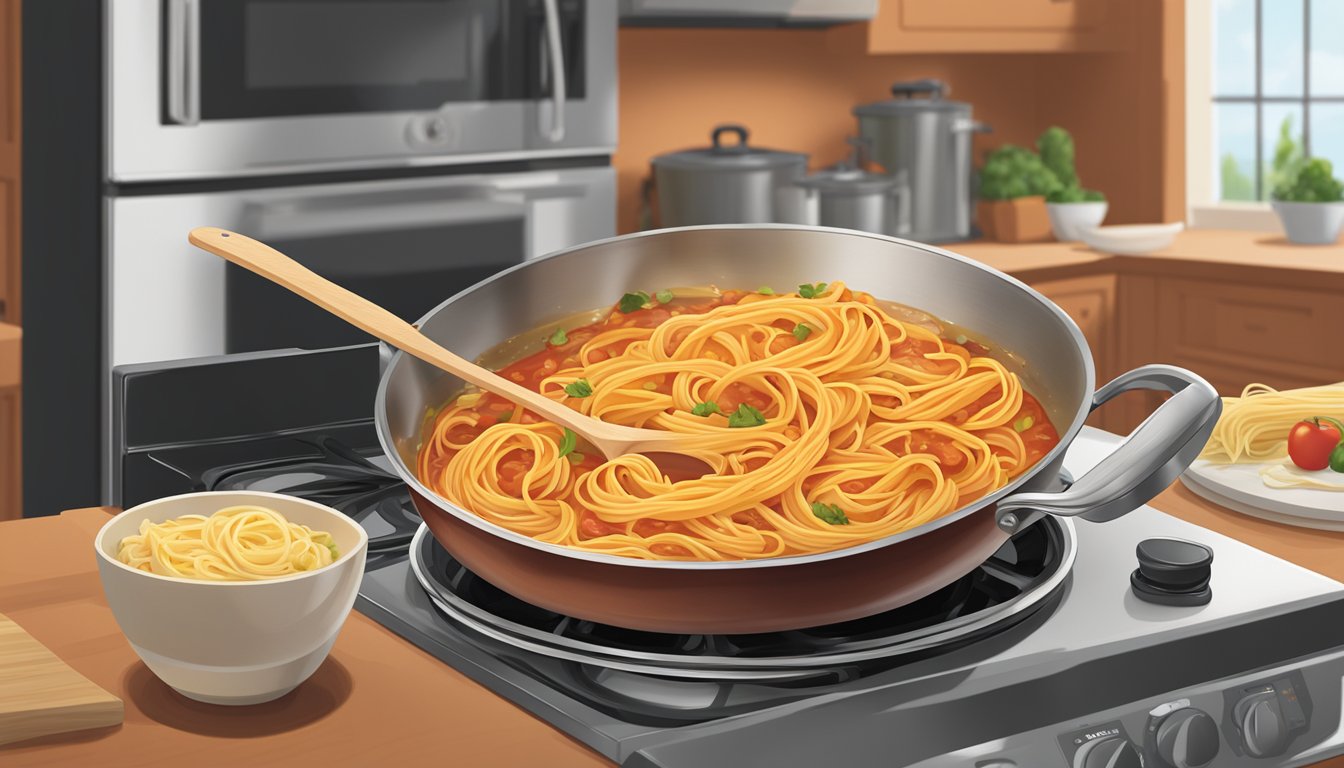 A pot of prego pasta sauce simmering on a stovetop, with a wooden spoon stirring it. A microwave next to it with a bowl of pasta being reheated