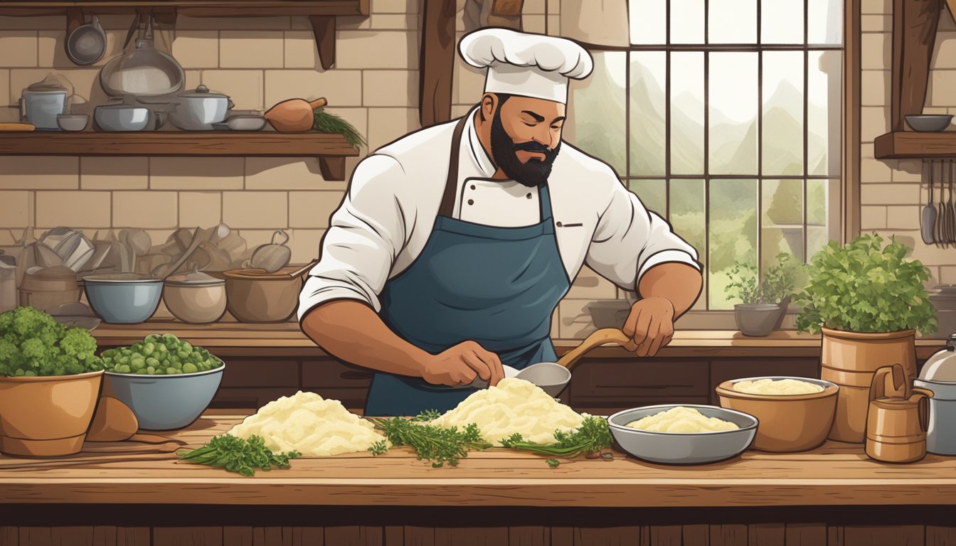 A chef mixing Idahoan mashed potatoes with herbs and spices in a rustic kitchen