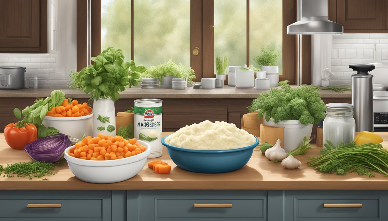 A kitchen counter with a bowl of Idahoan mashed potatoes, surrounded by fresh herbs, vegetables, and storage containers