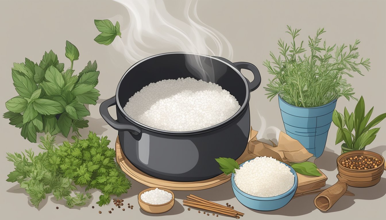 A pot of boiling water with a box of minute rice next to it, surrounded by various herbs and spices for flavoring