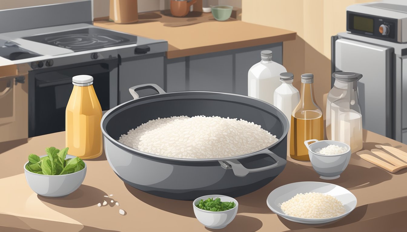 A kitchen counter with various ingredients and utensils, a pot of boiling water, and a box of minute rice