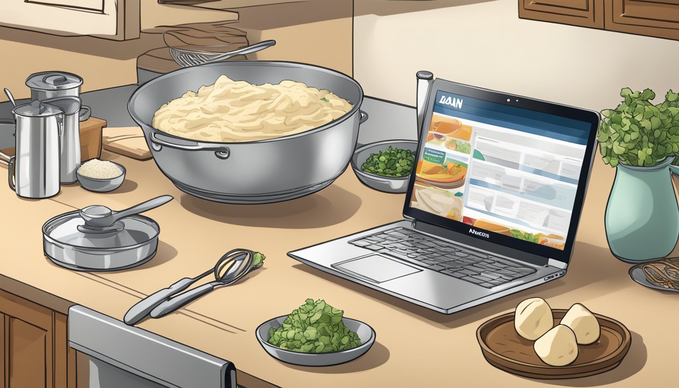 A kitchen counter with ingredients and utensils for making Idahoan mashed potatoes, with a laptop displaying a website on how to cook with them