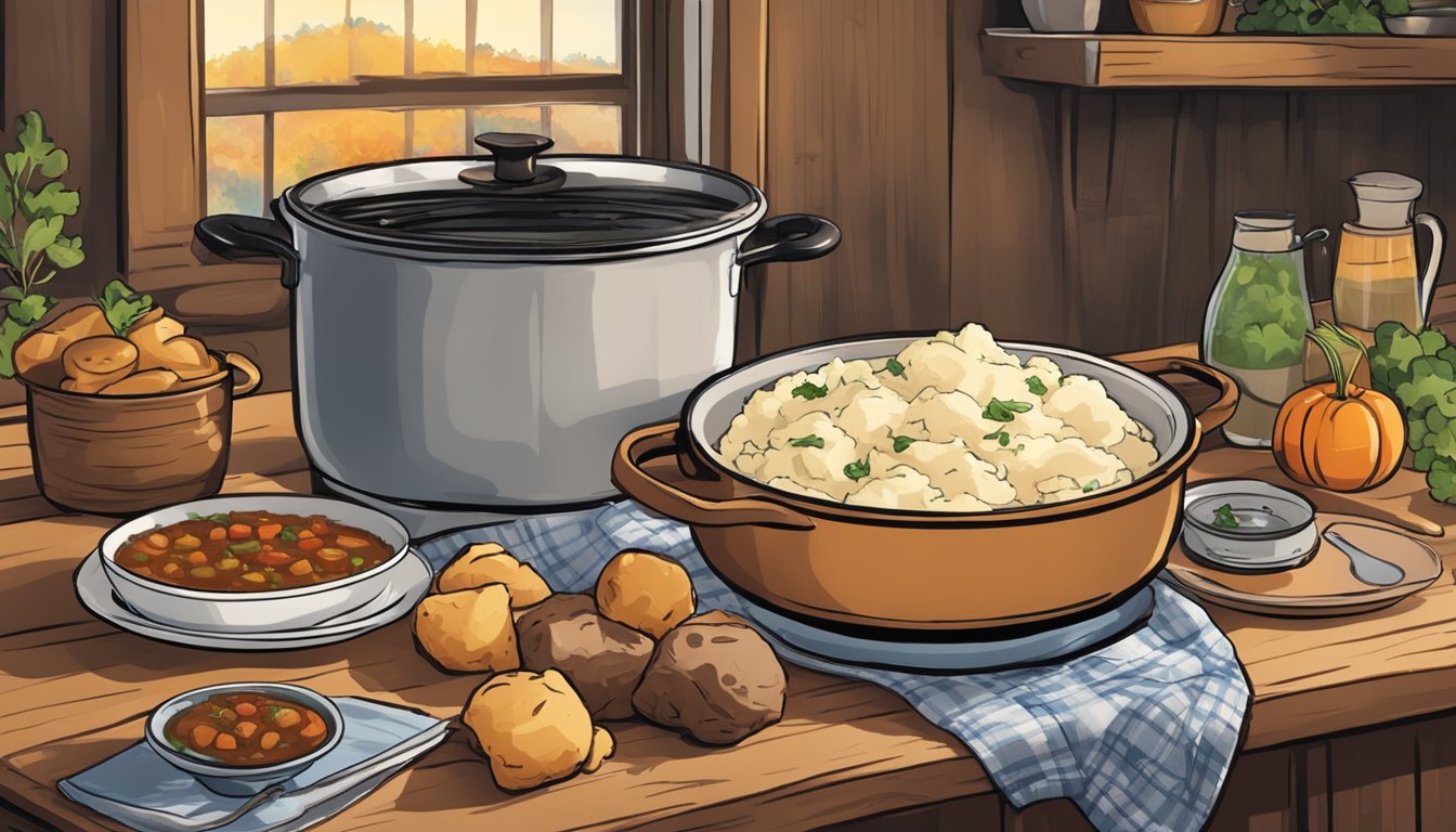 A rustic kitchen with a bubbling pot of stew, a steaming bowl of Idahoan mashed potatoes, and a table set for a cozy Sunday dinner