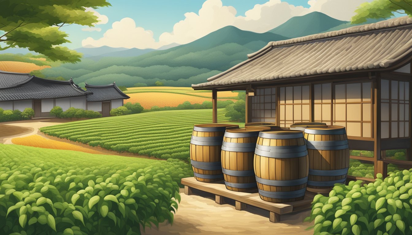 A traditional Japanese brewery with wooden barrels and equipment, surrounded by soybean fields and a serene countryside landscape