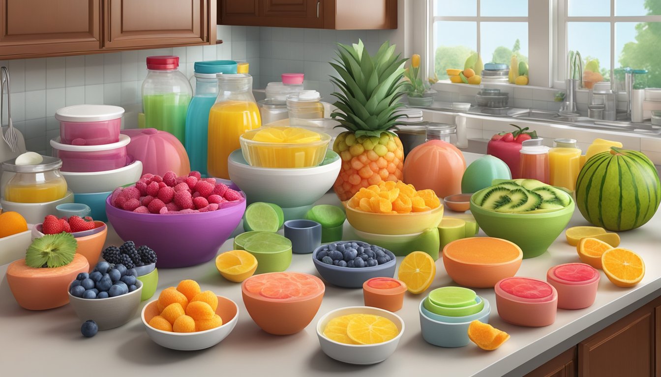 A colorful array of fruit and gelatin molds on a kitchen counter, surrounded by bowls of various ingredients and utensils