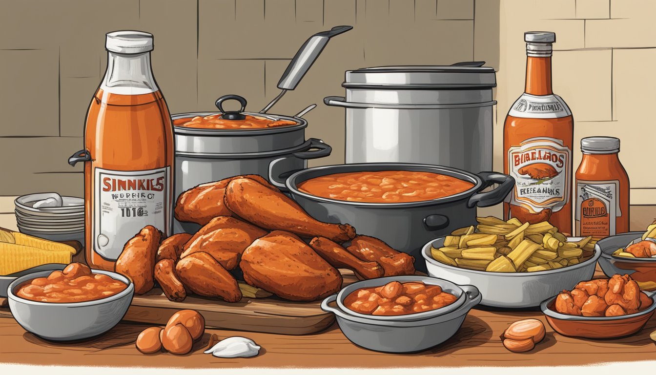 A bubbling pot of buffalo wings sauce simmers on the stove, surrounded by bowls of fresh chicken wings and bottles of Franks RedHot. A chef's knife and cutting board sit nearby, ready for action