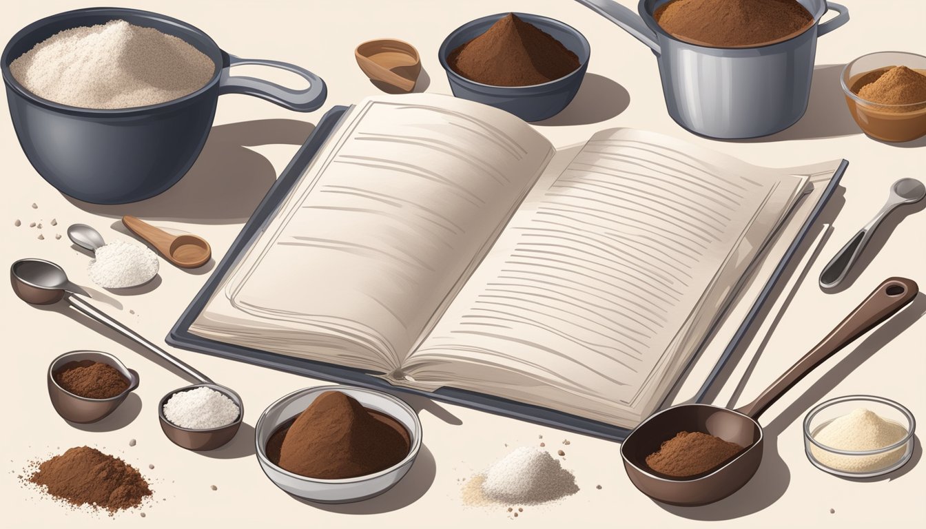 A kitchen counter with a mixing bowl, measuring spoons, cocoa powder, flour, sugar, and a recipe book open to a page on baking with cocoa