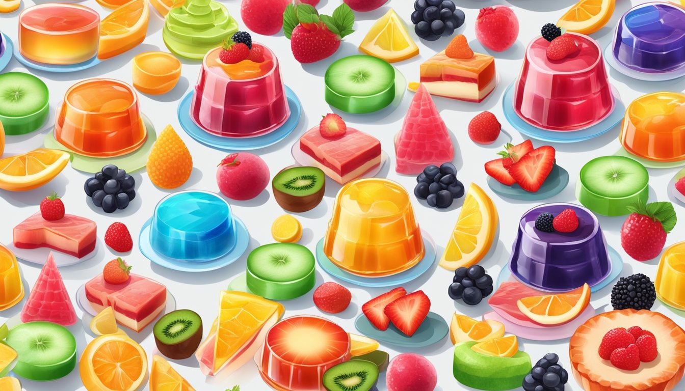 A colorful array of Jell-O desserts in various shapes and sizes, surrounded by an assortment of fresh fruits and decorative toppings